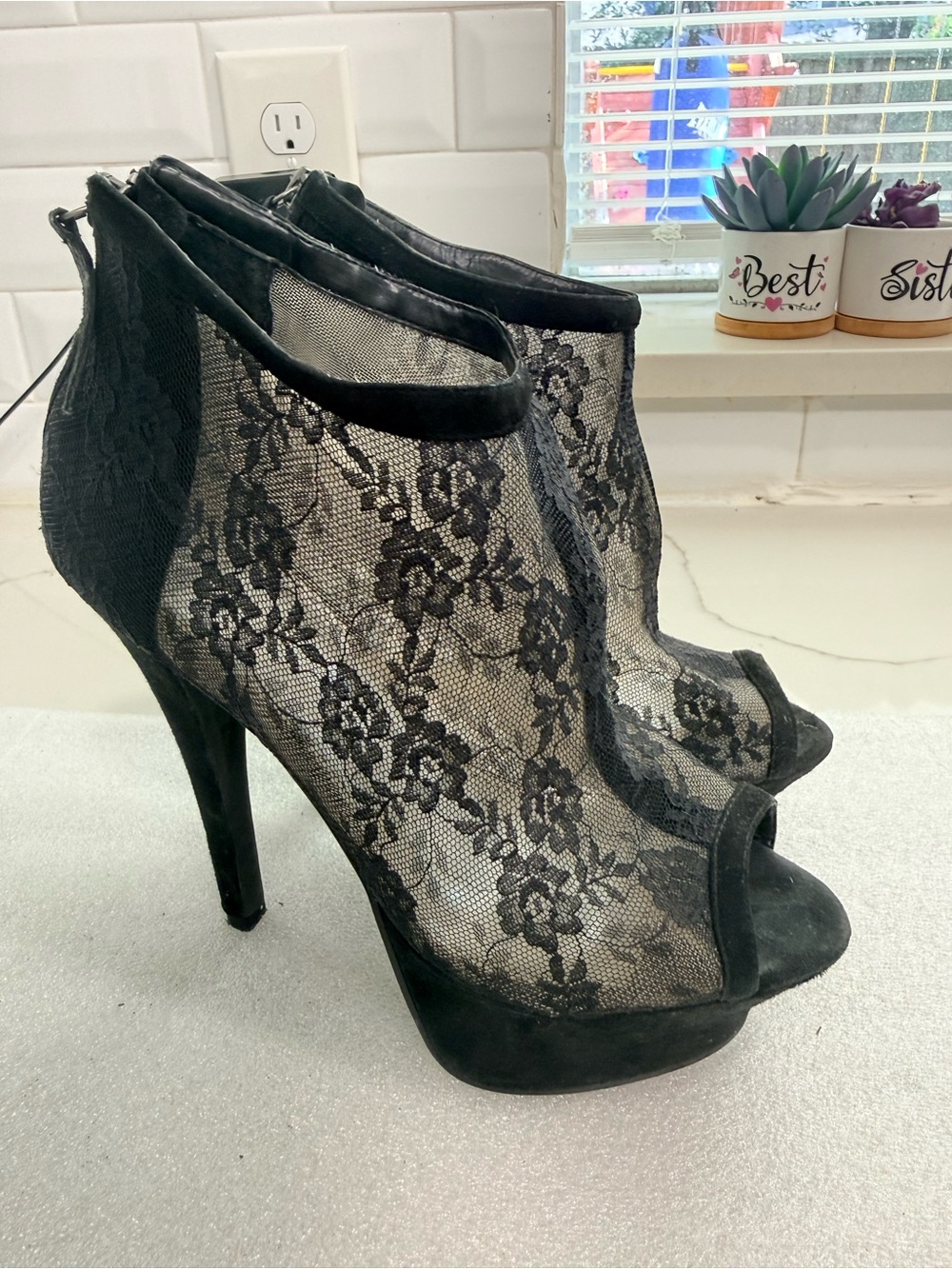 Y2K BEBE Black Lace Peep-Toe Stiletto Booties